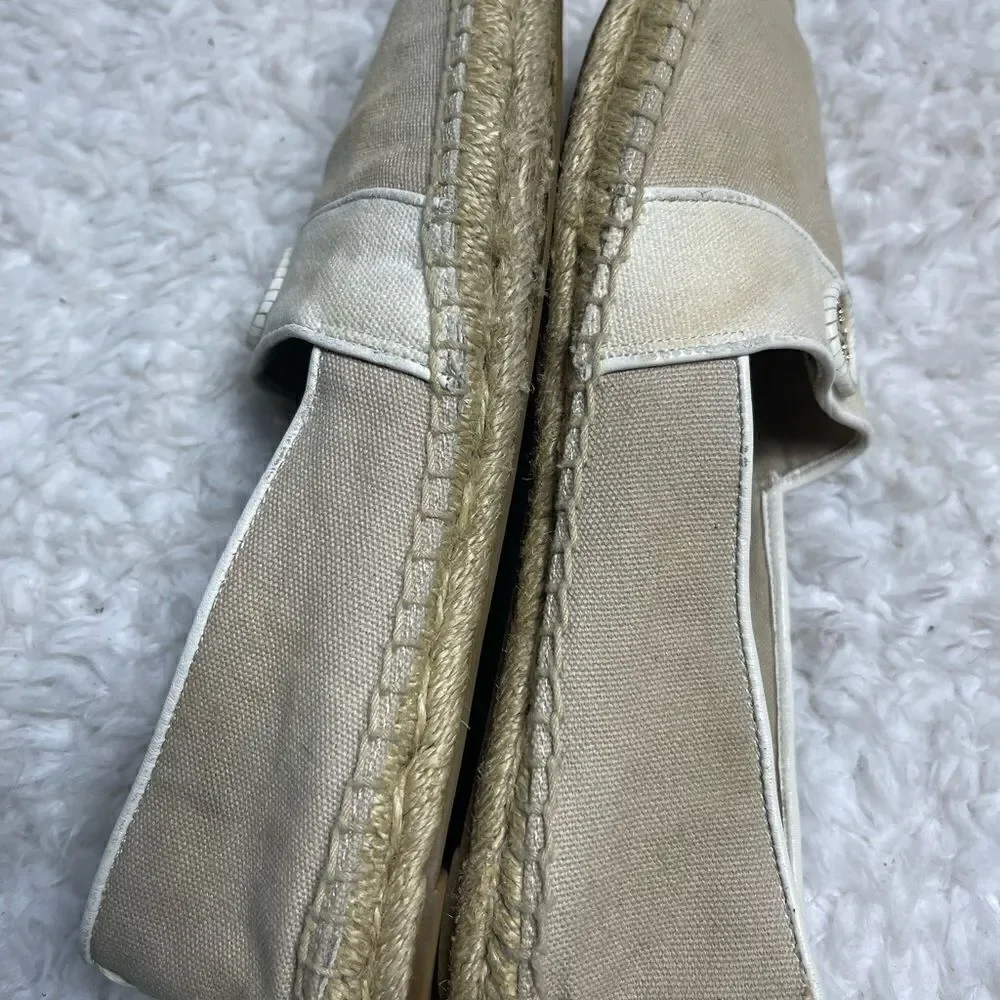 Tory Burch Canvas Khaki & beige espadrilles slip on gold tone logo accent SZ9.5